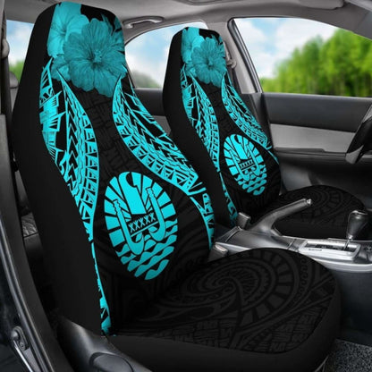 Tahiti Polynesian Car Seat Covers Pride Seal And Hibiscus Neon Blue -