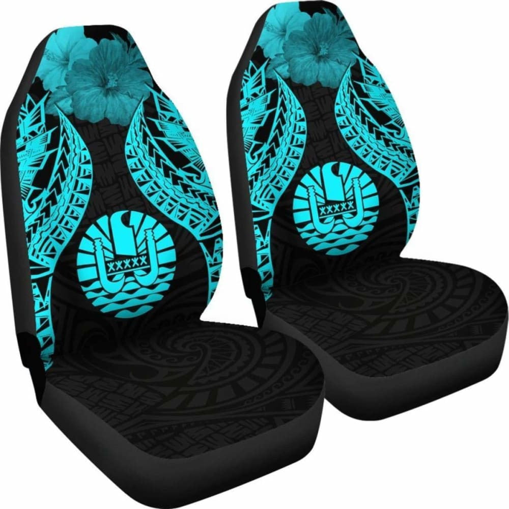 Tahiti Polynesian Car Seat Covers Pride Seal And Hibiscus Neon Blue -