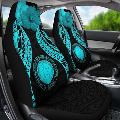 Northern Mariana Islands Polynesian Car Seat Covers Pride Seal And Hibiscus Neon Blue -