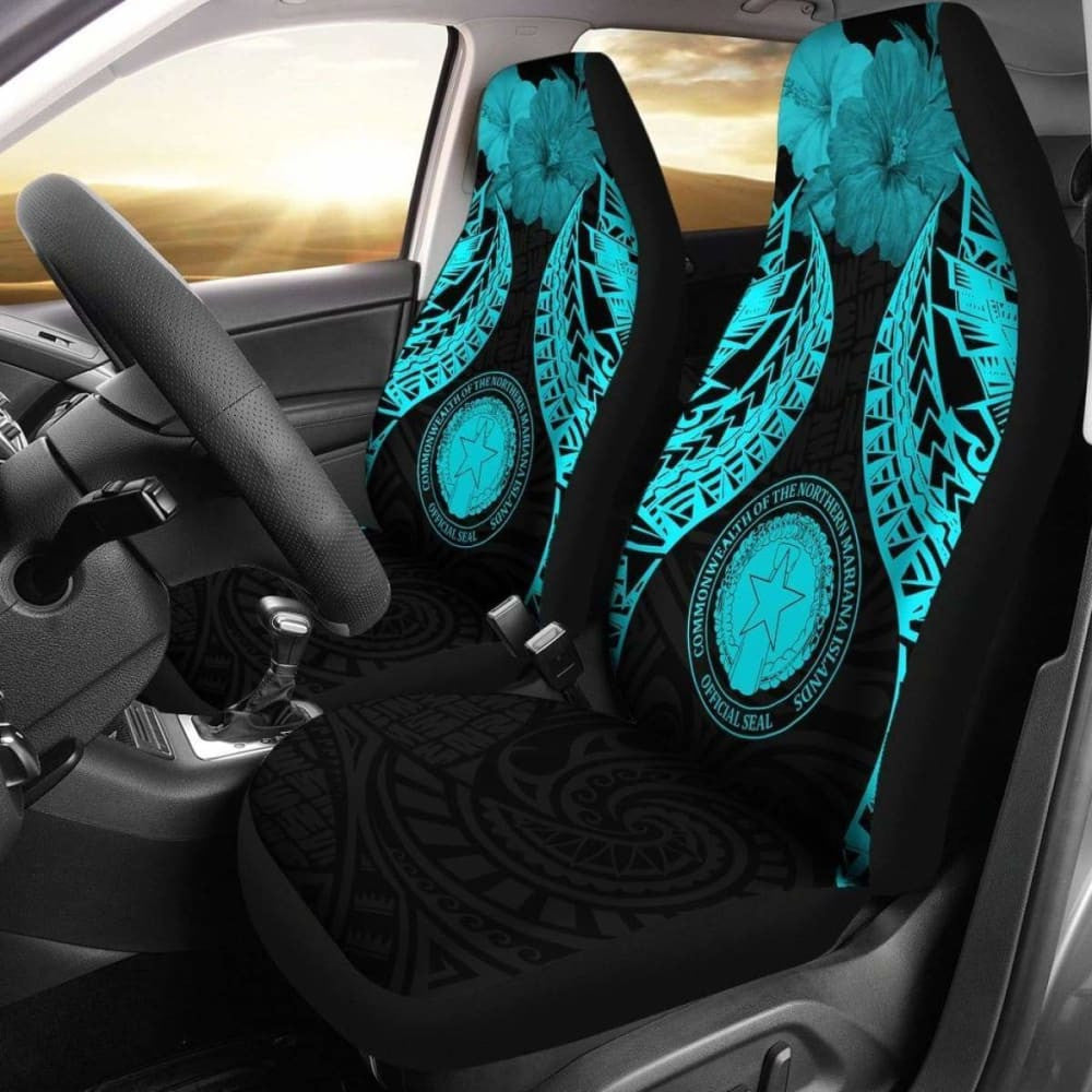 Northern Mariana Islands Polynesian Car Seat Covers Pride Seal And Hibiscus Neon Blue -