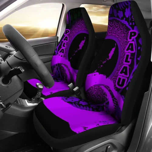 Palau Car Seat Covers - Palau Map Hibiscus And Wave Purple -