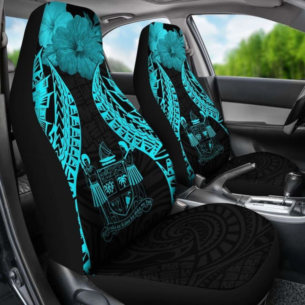 Fiji Polynesian Car Seat Covers Pride Seal And Hibiscus Neon Blue -
