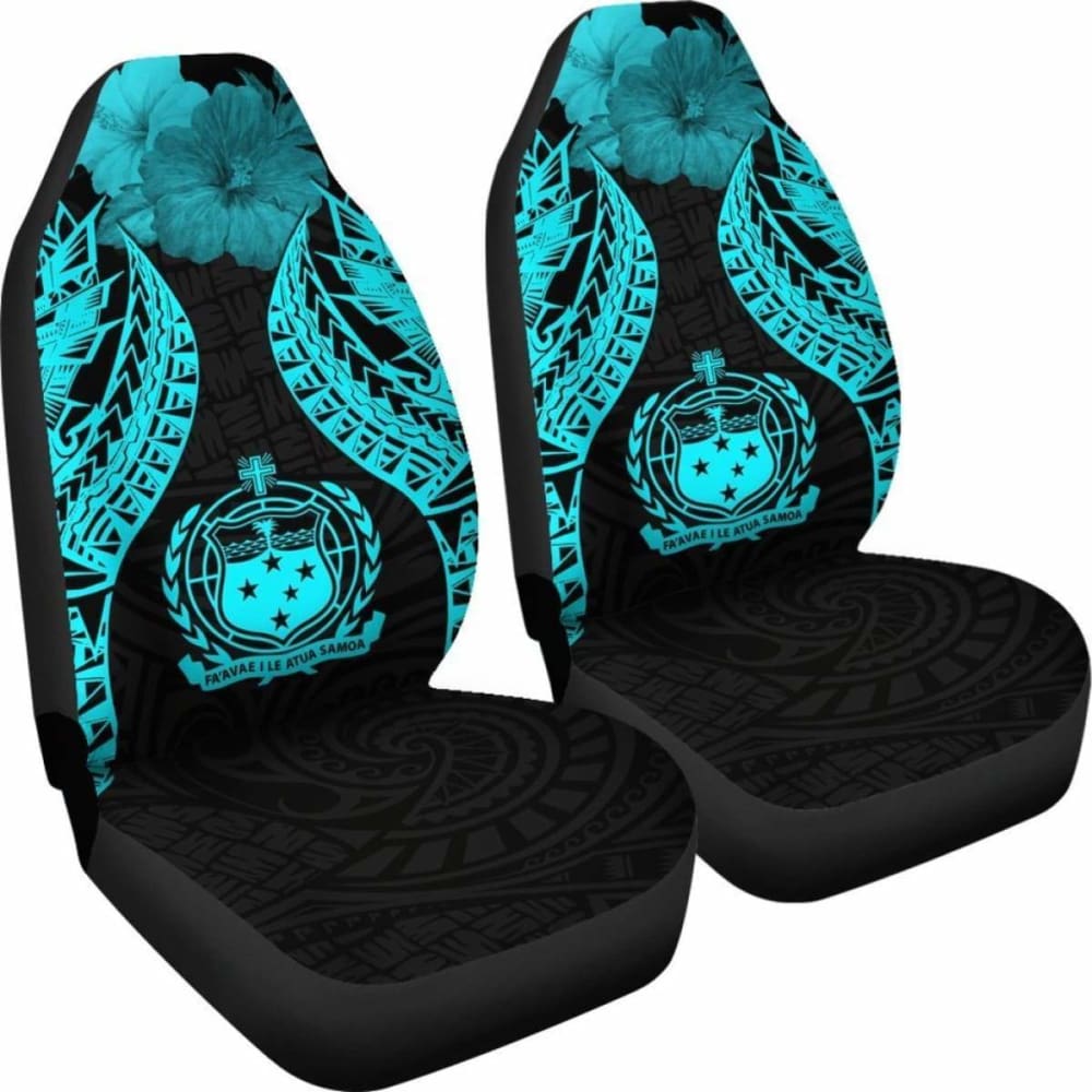 Samoa Polynesian Car Seat Covers Pride Seal And Hibiscus Neon Blue -