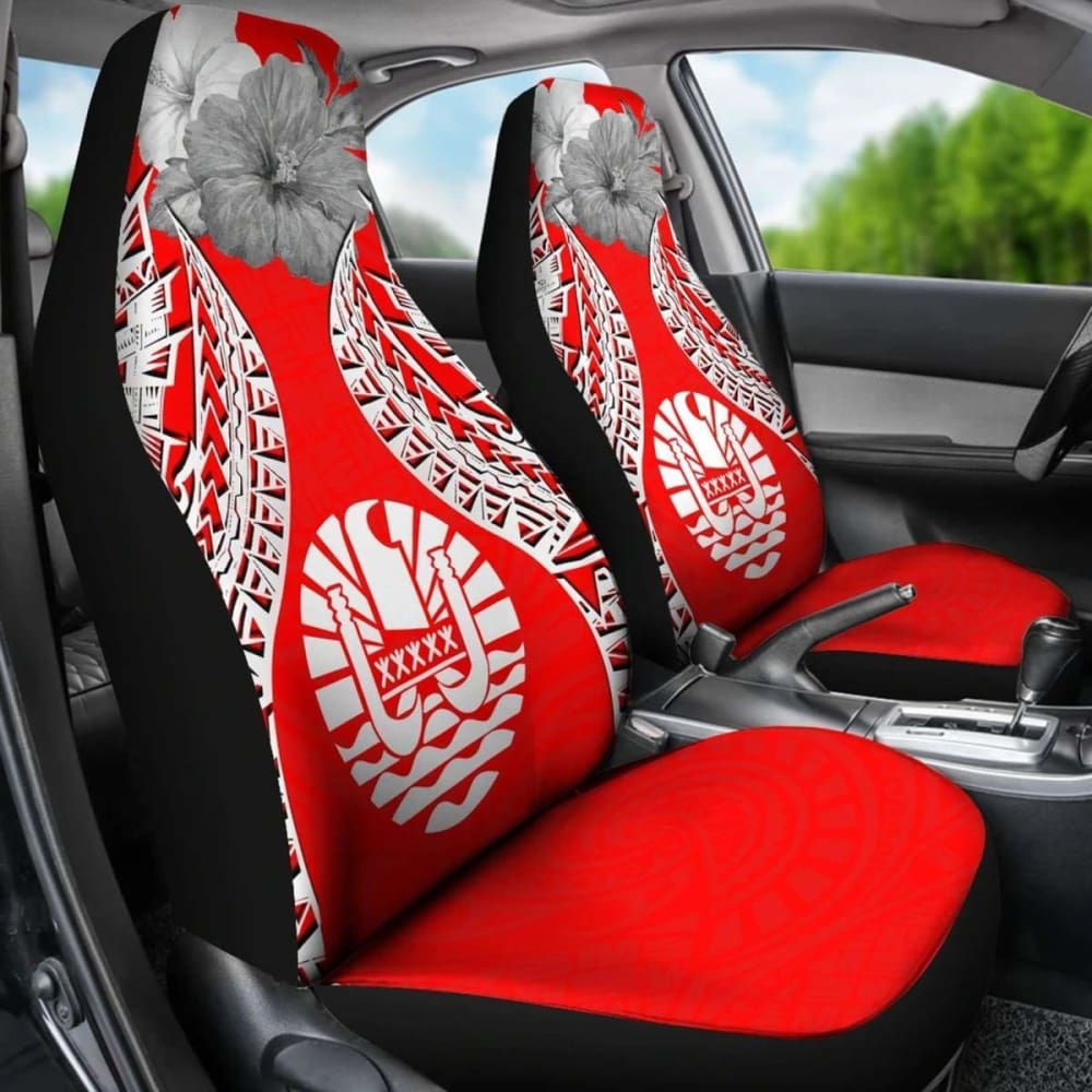 Tahiti Polynesian Car Seat Covers Pride Seal And Hibiscus Red White -