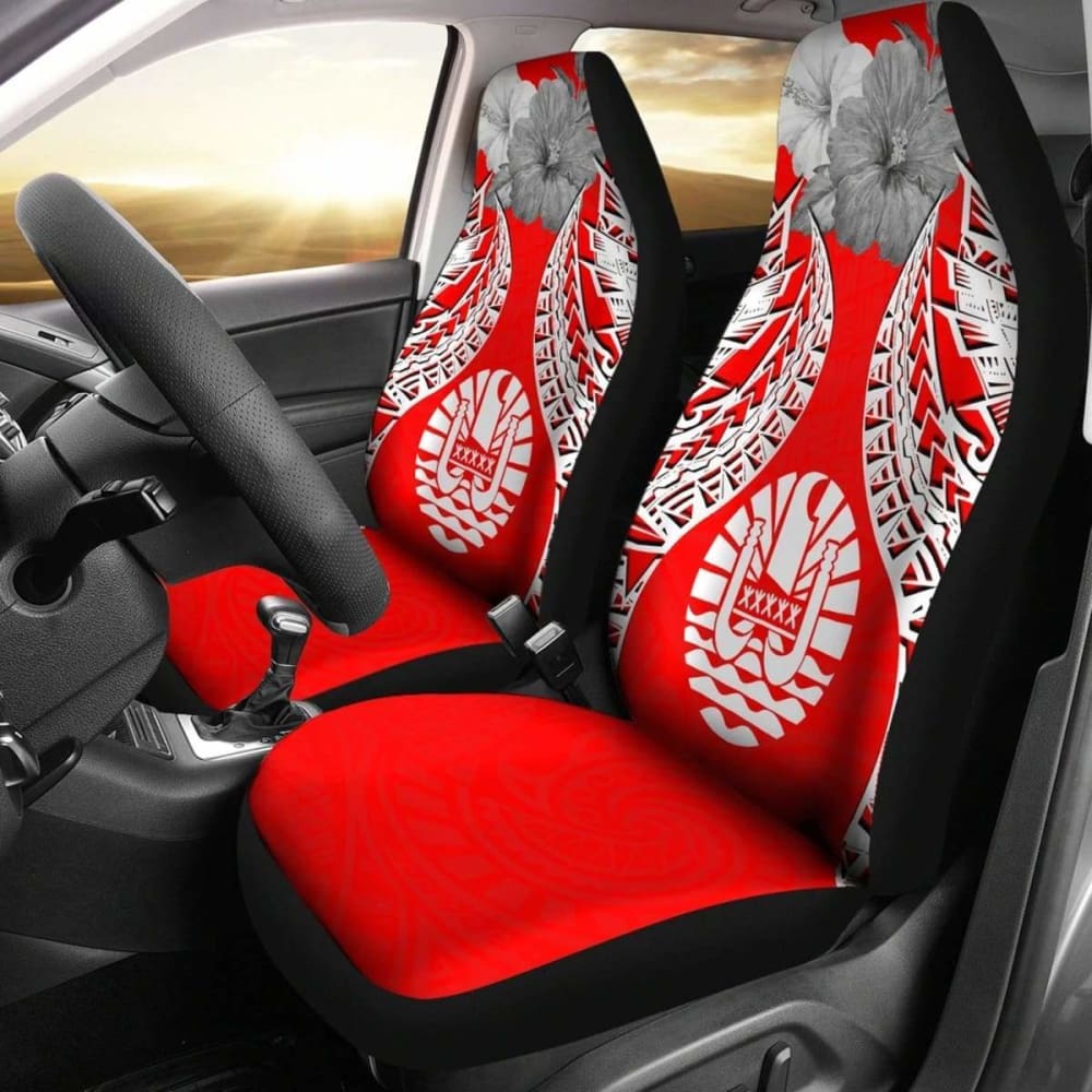 Tahiti Polynesian Car Seat Covers Pride Seal And Hibiscus Red White -