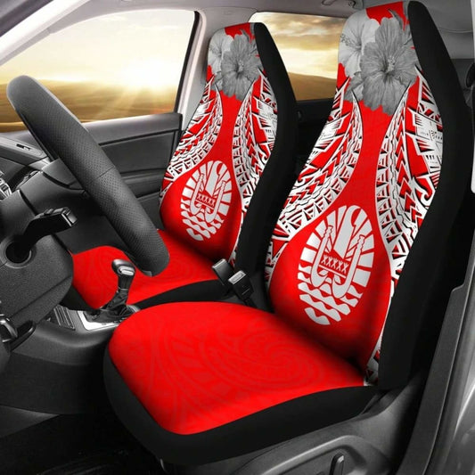 Tahiti Polynesian Car Seat Covers Pride Seal And Hibiscus Red White -