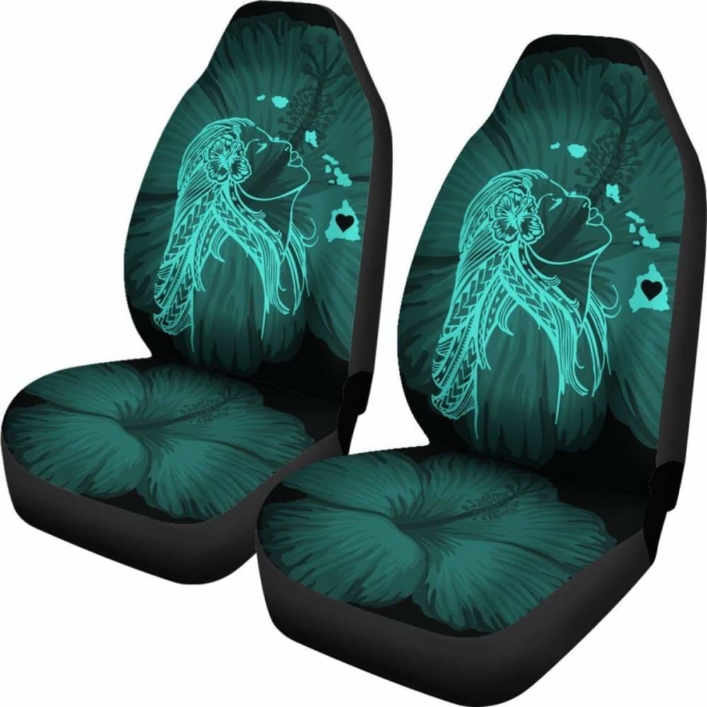 Alohawaii Car Seat Covers - Hawaii Hula Girl Hibiscus Map Turquoise -