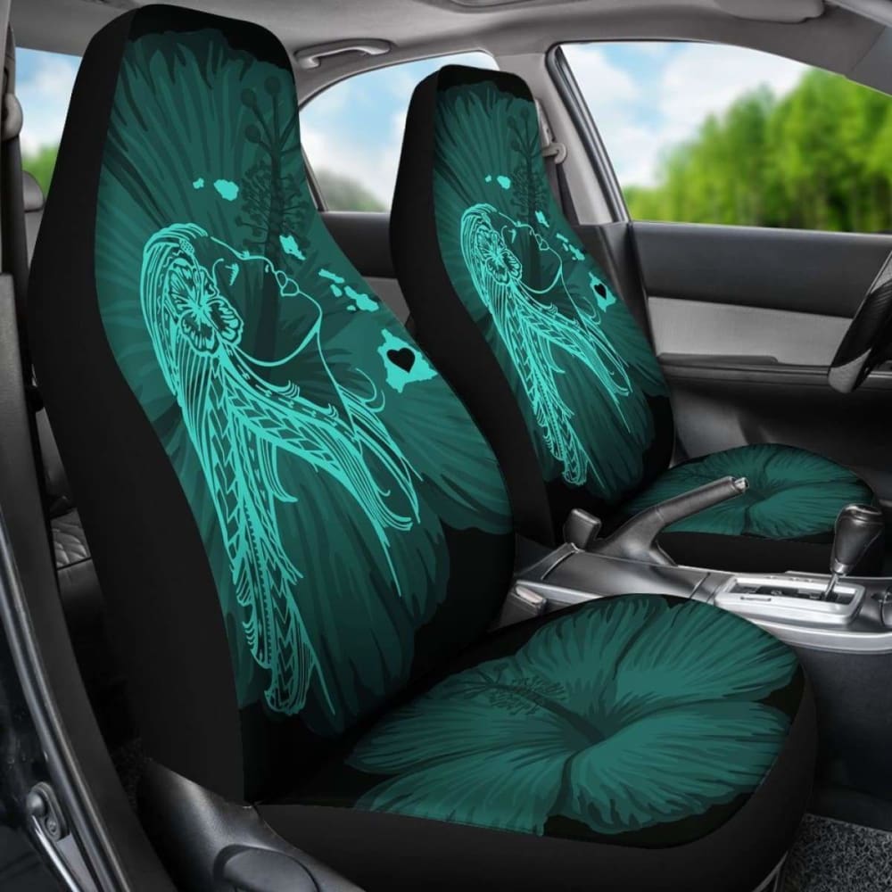 Alohawaii Car Seat Covers - Hawaii Hula Girl Hibiscus Map Turquoise -