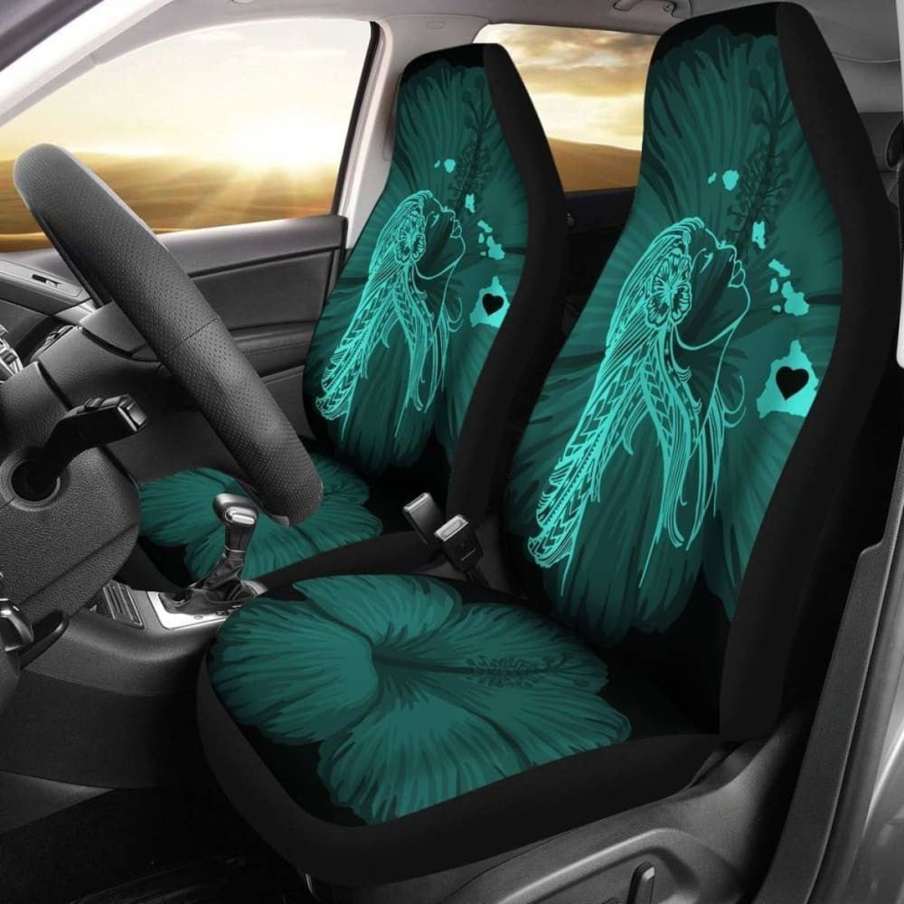 Alohawaii Car Seat Covers - Hawaii Hula Girl Hibiscus Map Turquoise -