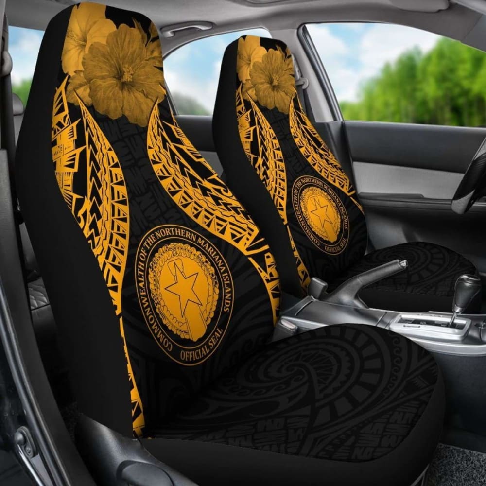 Northern Mariana Islands Polynesian Car Seat Covers Pride Seal And Hibiscus Gold -