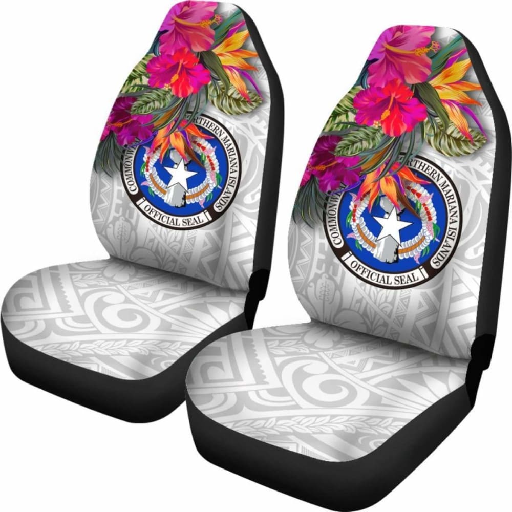 Northern Mariana Islands Car Seat Covers Polynesian Hibiscus White Pattern -