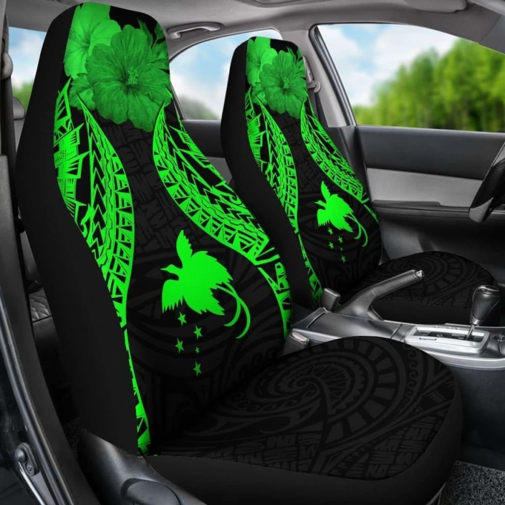 Papua New Guinea Polynesian Car Seat Covers Pride Seal And Hibiscus Green -