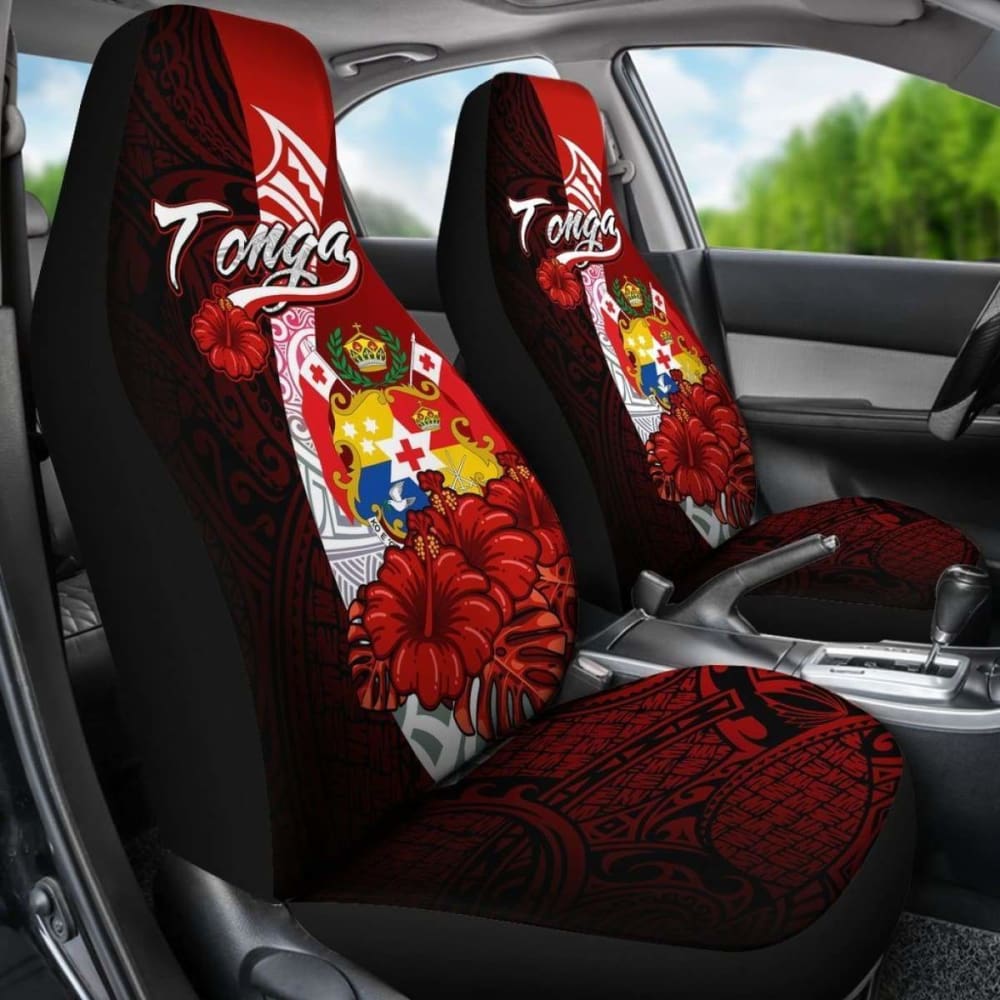 Tonga Polynesian Car Seat Covers - Coat Of Arm With Hibiscus -