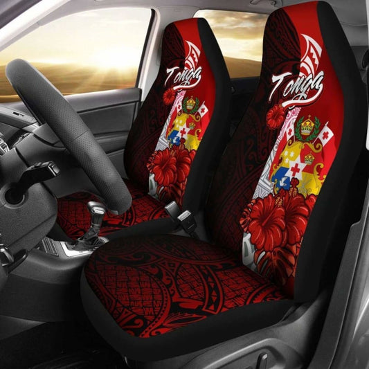 Tonga Polynesian Car Seat Covers - Coat Of Arm With Hibiscus -