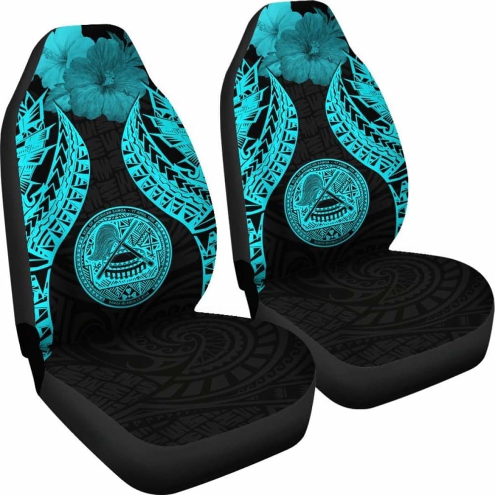 American Samoa Polynesian Car Seat Covers Pride Seal And Hibiscus Neon Blue -