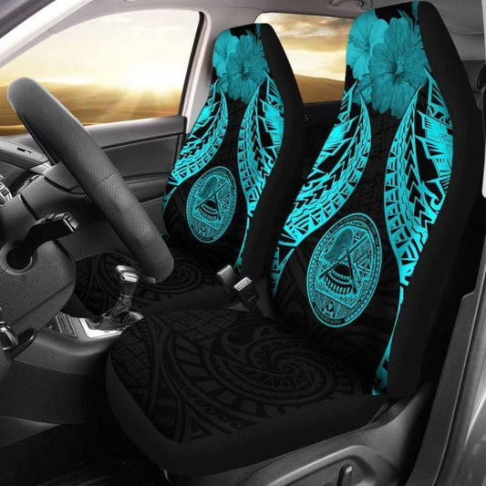 American Samoa Polynesian Car Seat Covers Pride Seal And Hibiscus Neon Blue -
