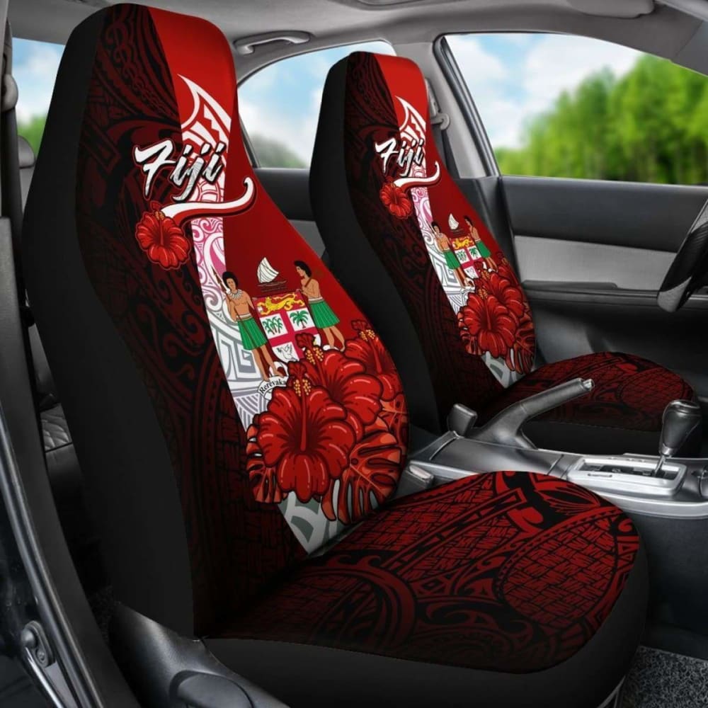 Fiji Polynesian Car Seat Covers - Coat Of Arm With Hibiscus -