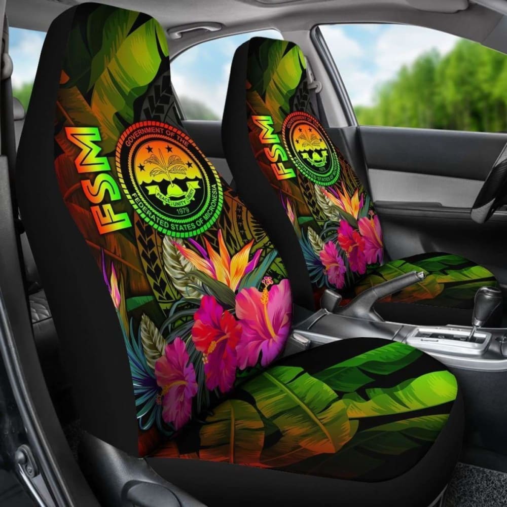 Federated States Of Micronesia Polynesian Car Seat Covers -  Hibiscus And Banana Leaves -