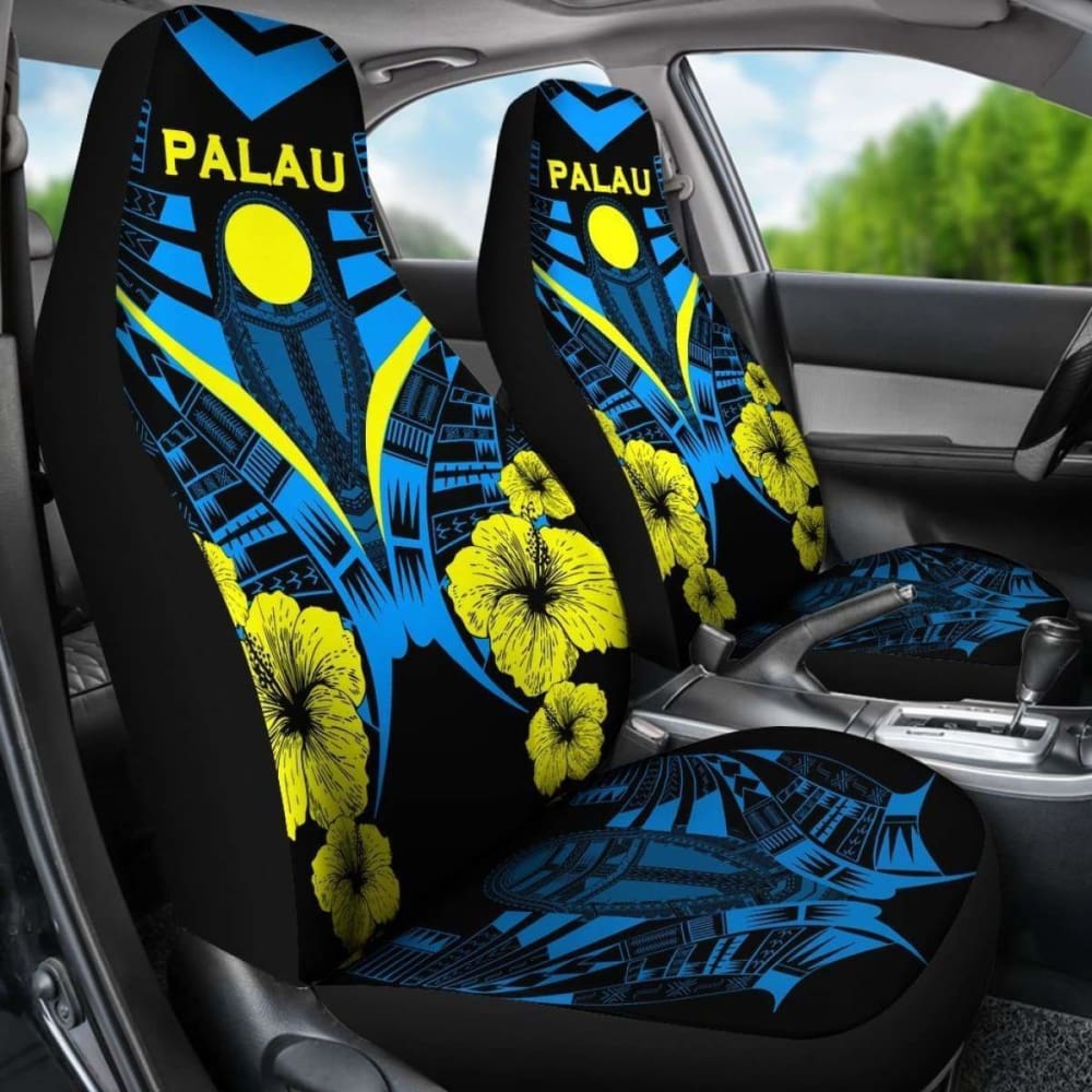 Palau Car Seat Covers - Palau Flag Hibiscus Polynesian Tattoo -