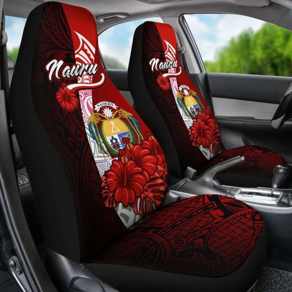 Nauru Polynesian Car Seat Covers - Coat Of Arm With Hibiscus -