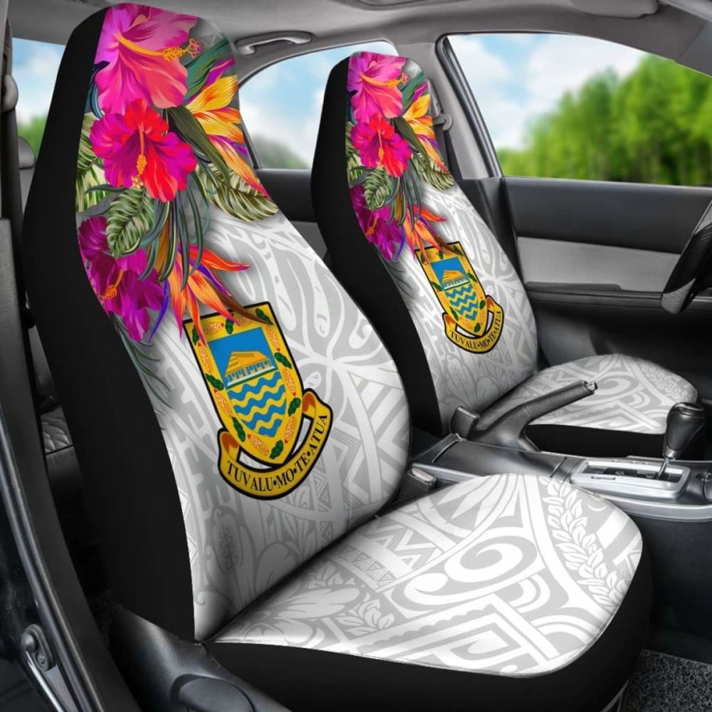Tuvalu Car Seat Covers Polynesian Hibiscus White Pattern -
