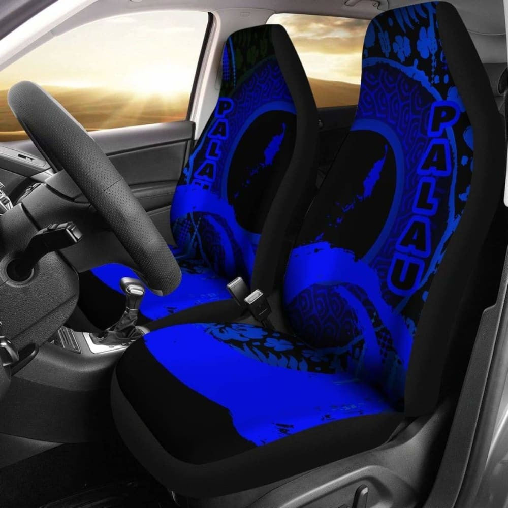 Palau Car Seat Covers - Palau Map Hibiscus And Wave Blue -