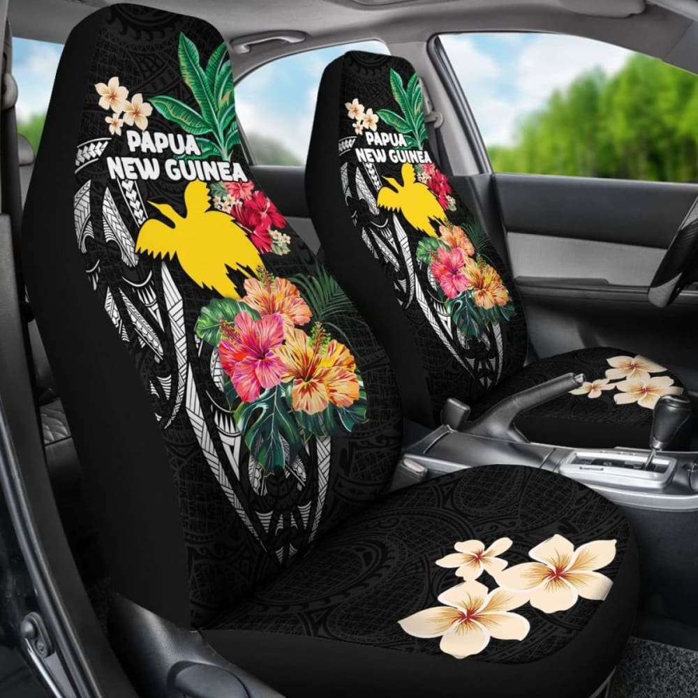 Papua New Guinea Car Seat Covers Coat Of Arms Polynesian With Hibiscus