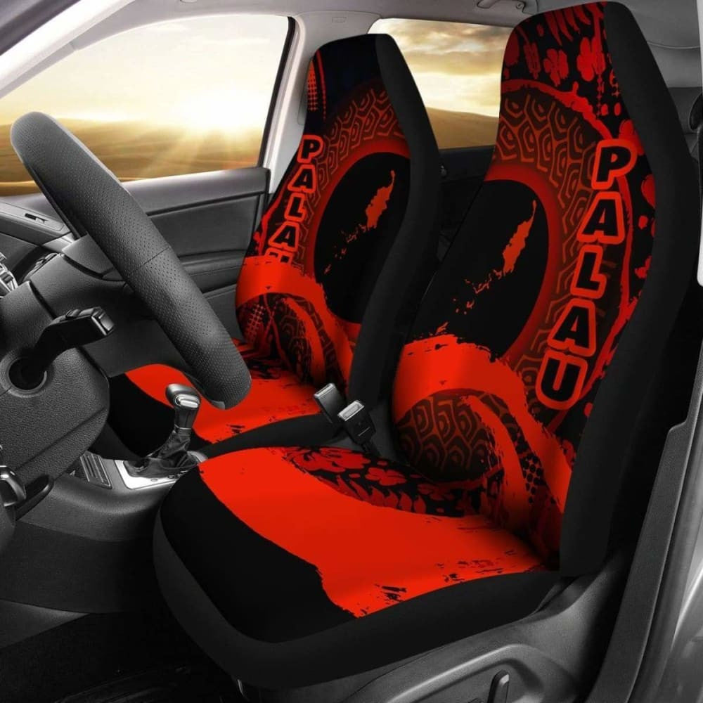 Palau Car Seat Covers - Palau Map Hibiscus And Wave Red -