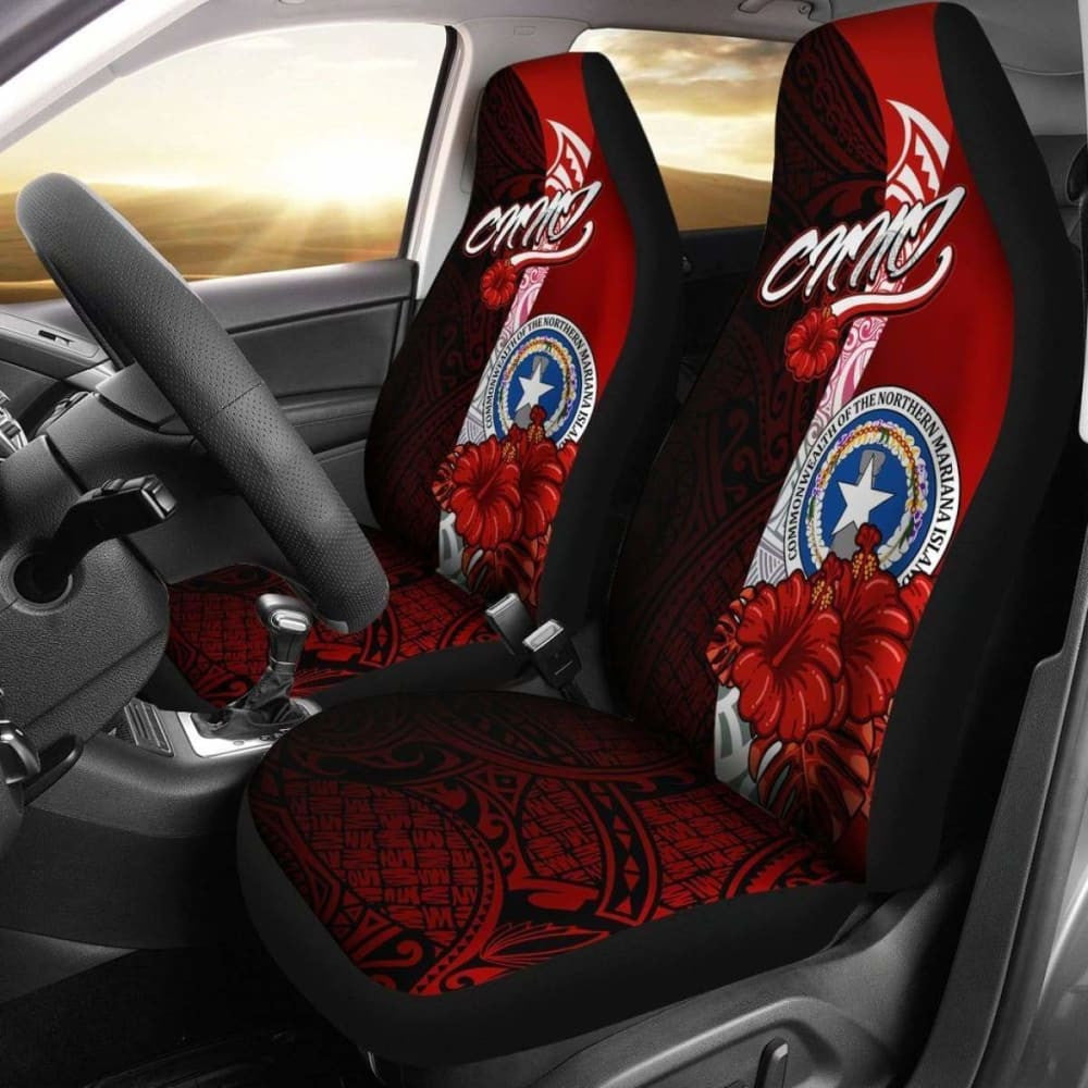 Northern Mariana Islands Polynesian Car Seat Covers - Coat Of Arm With Hibiscus -