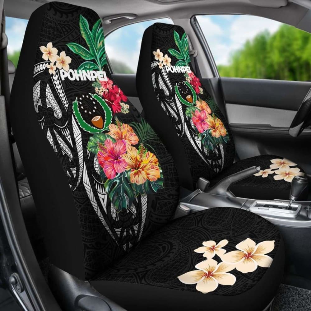 Pohnpei Car Seat Covers Coat Of Arms Polynesian With Hibiscus