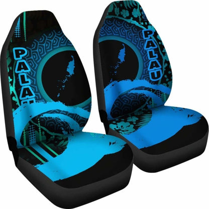 Palau Car Seat Covers - Palau Map Hibiscus And Wave Light Blue -