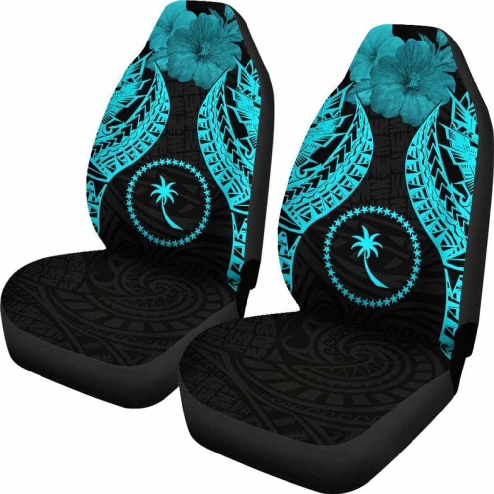 Chuuk Polynesian Car Seat Covers Pride Seal And Hibiscus Neon Blue -