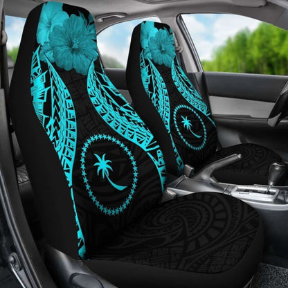 Chuuk Polynesian Car Seat Covers Pride Seal And Hibiscus Neon Blue -
