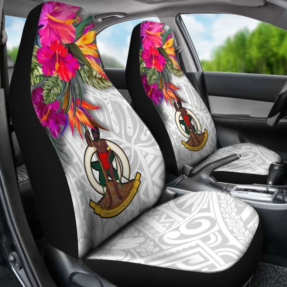 Vanuatu Car Seat Covers Polynesian Hibiscus White Pattern -