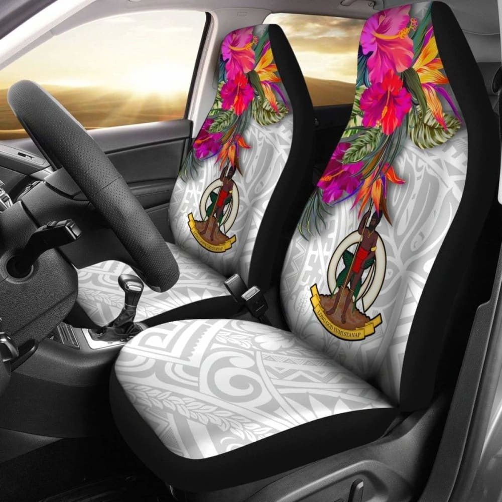 Vanuatu Car Seat Covers Polynesian Hibiscus White Pattern -