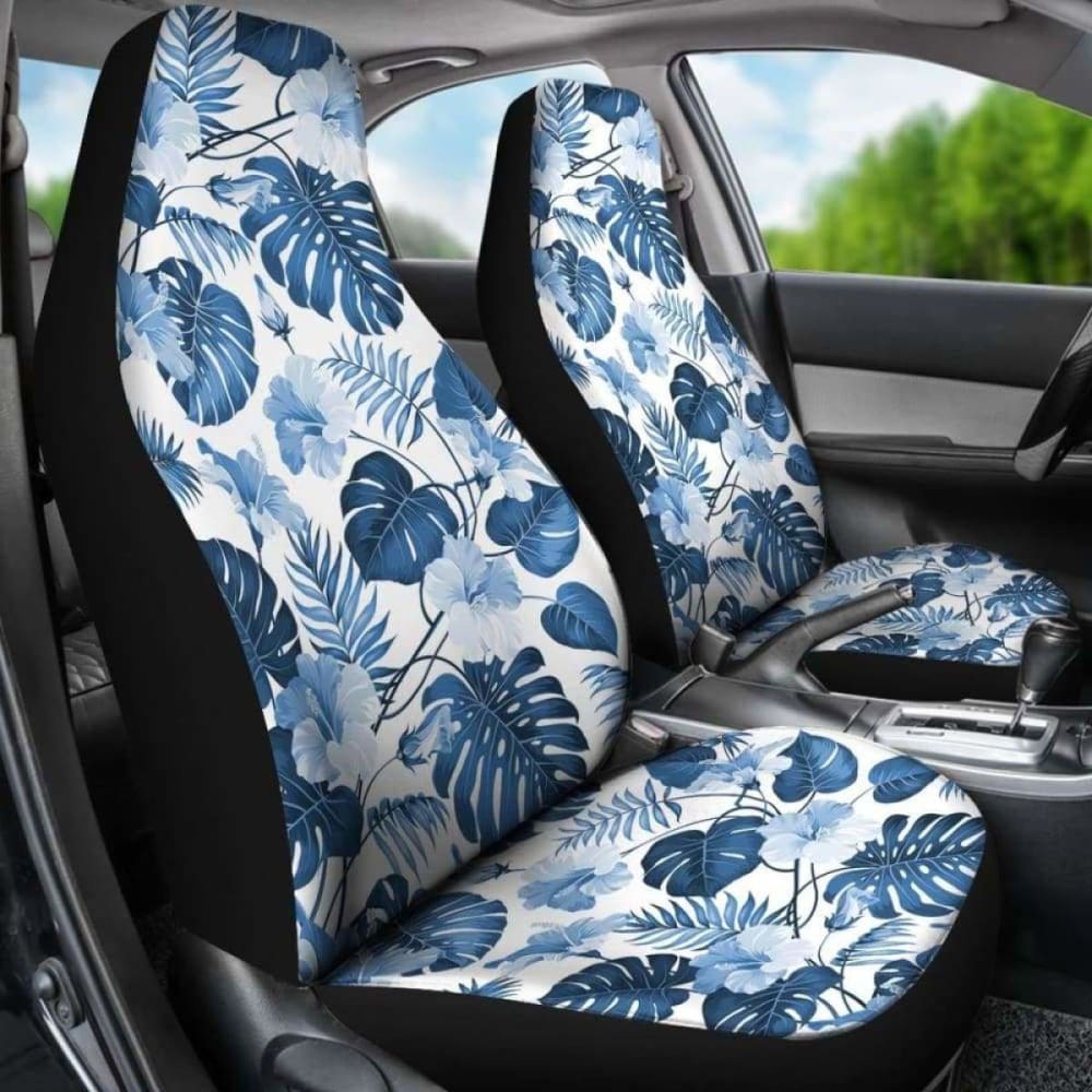 White And Blue Hibiscus Tropical Hawaiian Flower Pattern Car Seat Covers