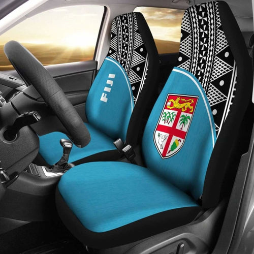 Fiji Tapa Car Seat Covers - Fiji Flag Polynesian White Curve Blue -
