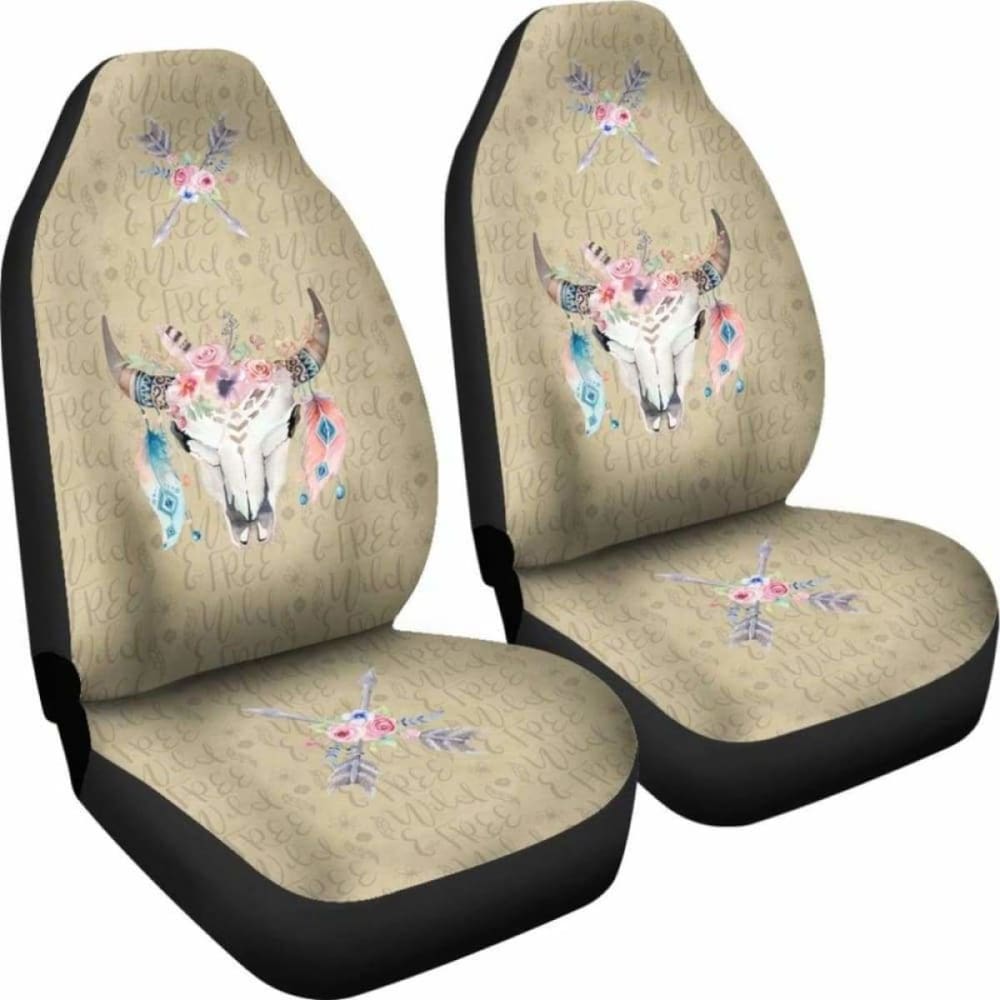 Wild And Free Dark Tan Boho Cow Skull Car Seat Covers