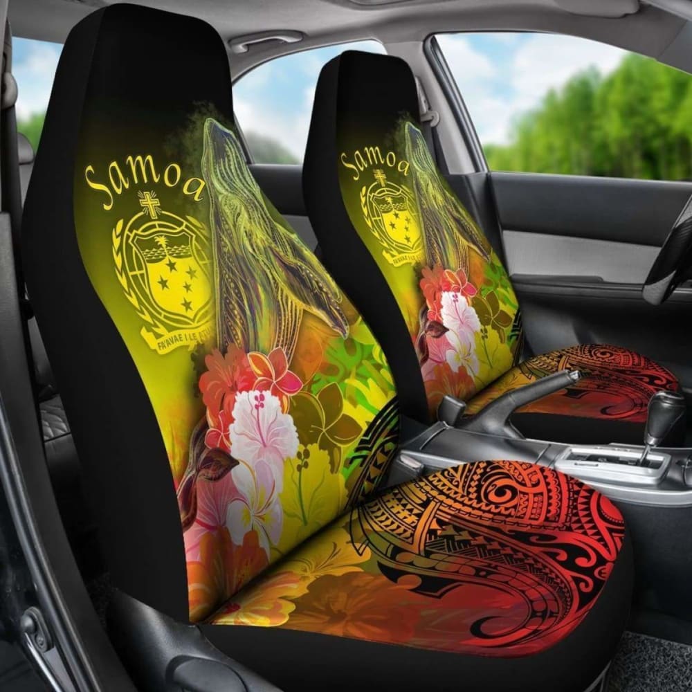 Samoa Car Seat Covers- Humpback Whale With Tropical Flowers (Yellow)-