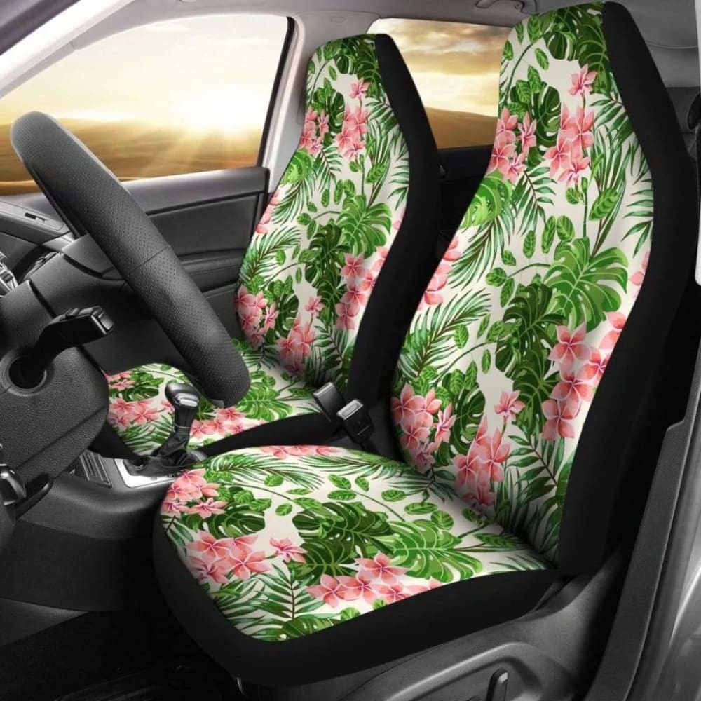 Pink And Green Tropical Car Seat Covers With Flowers