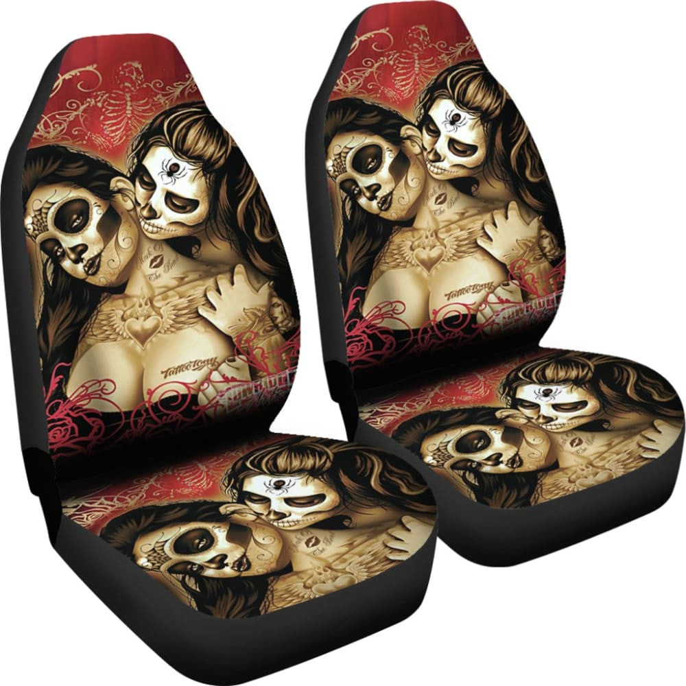 Couple Love Valentine Calavera Sugar Skull Style Car Seat Covers