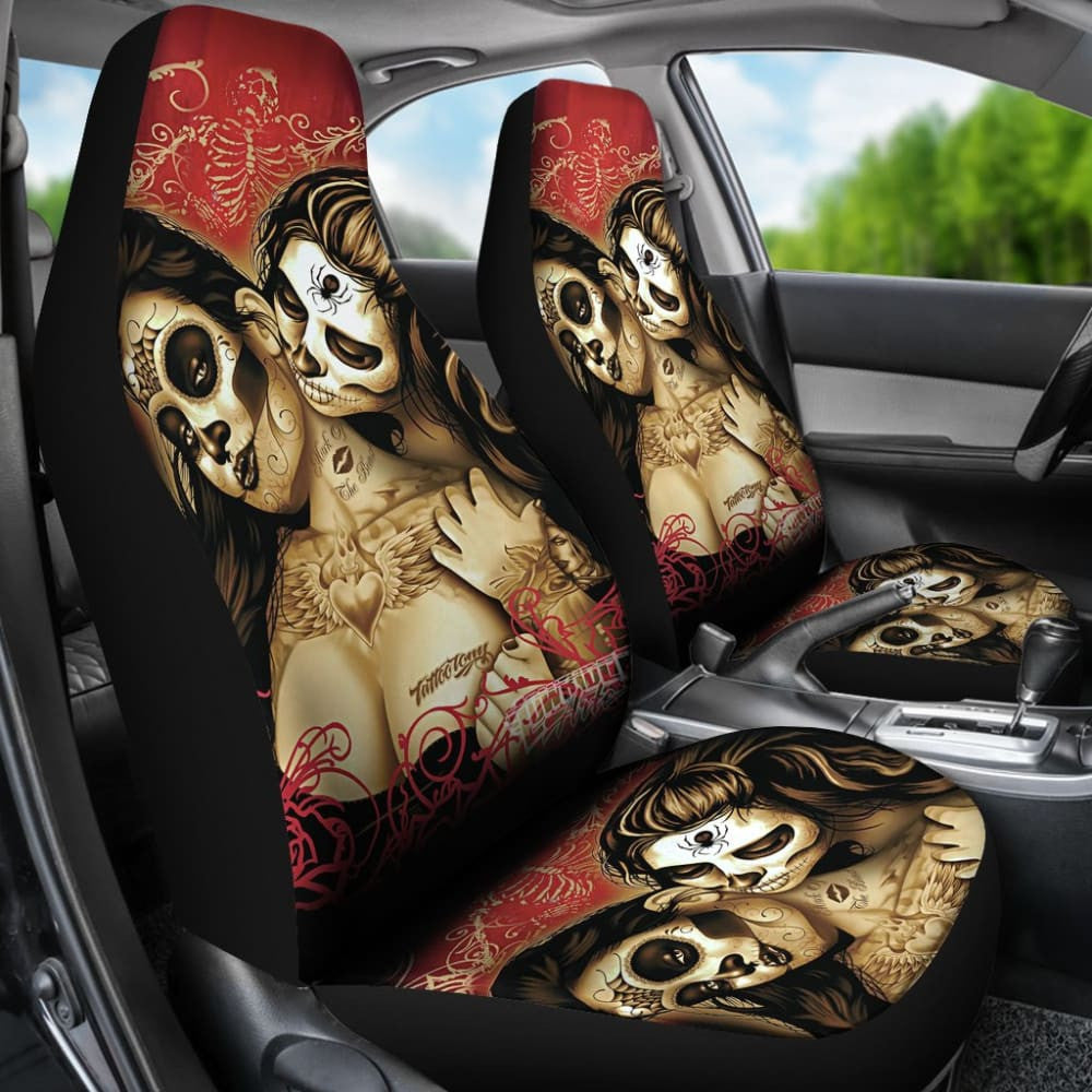 Couple Love Valentine Calavera Sugar Skull Style Car Seat Covers