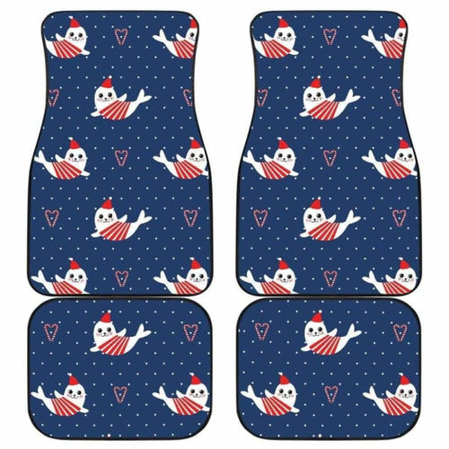 Cute Sea Lion Seal Christmas Hat Candy Cane Heart Pattern Front And Back Car Mats