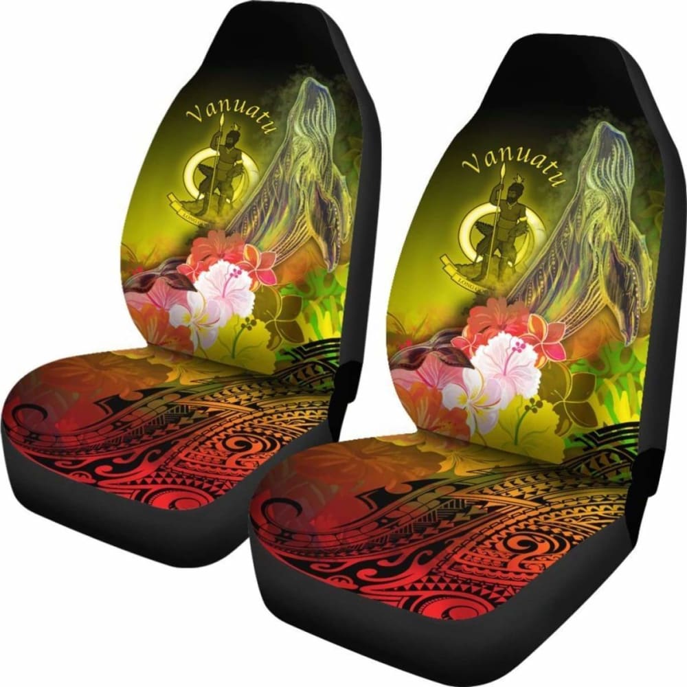 Vanuatu Car Seat Covers - Humpback Whale With Tropical Flowers (Yellow)-