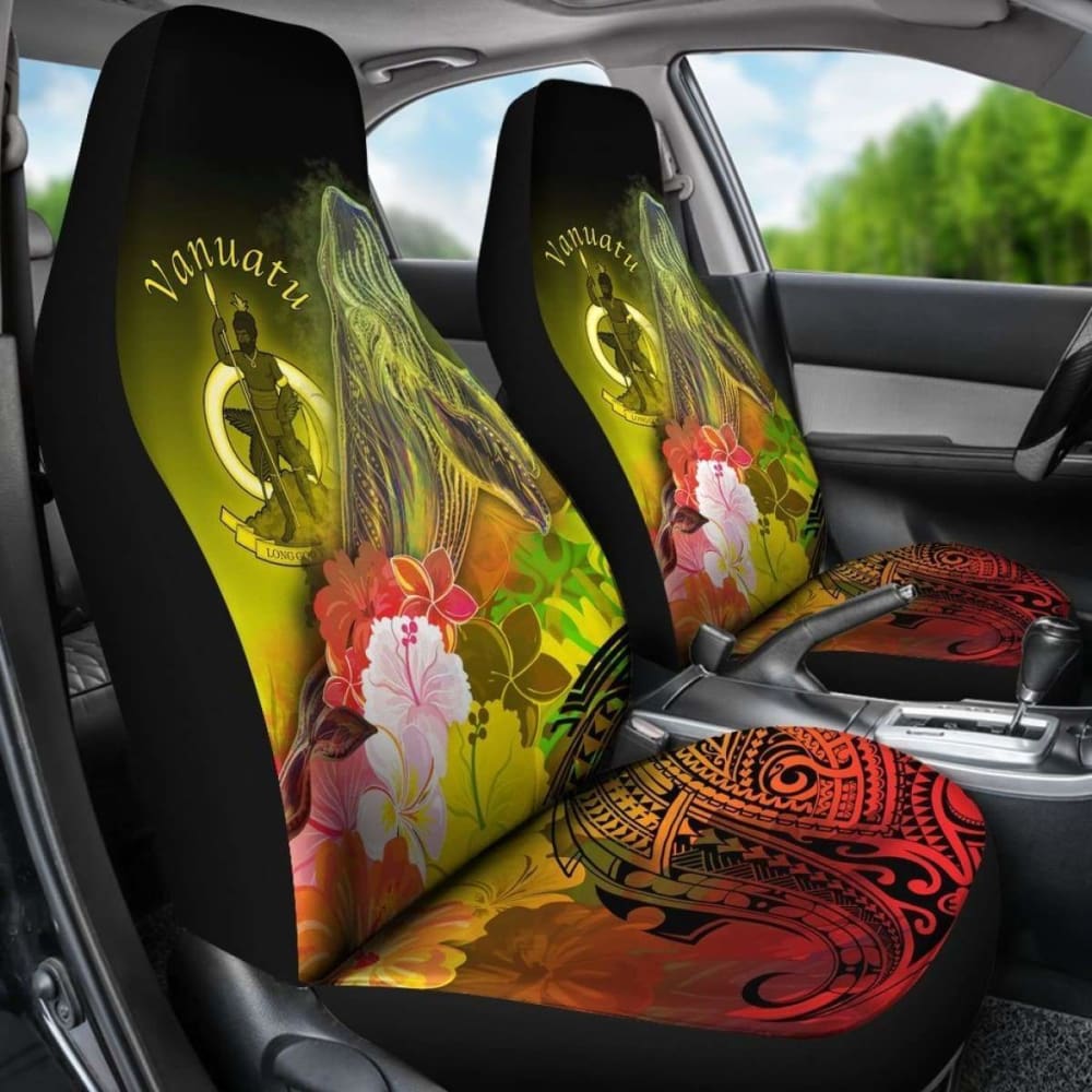 Vanuatu Car Seat Covers - Humpback Whale With Tropical Flowers (Yellow)-