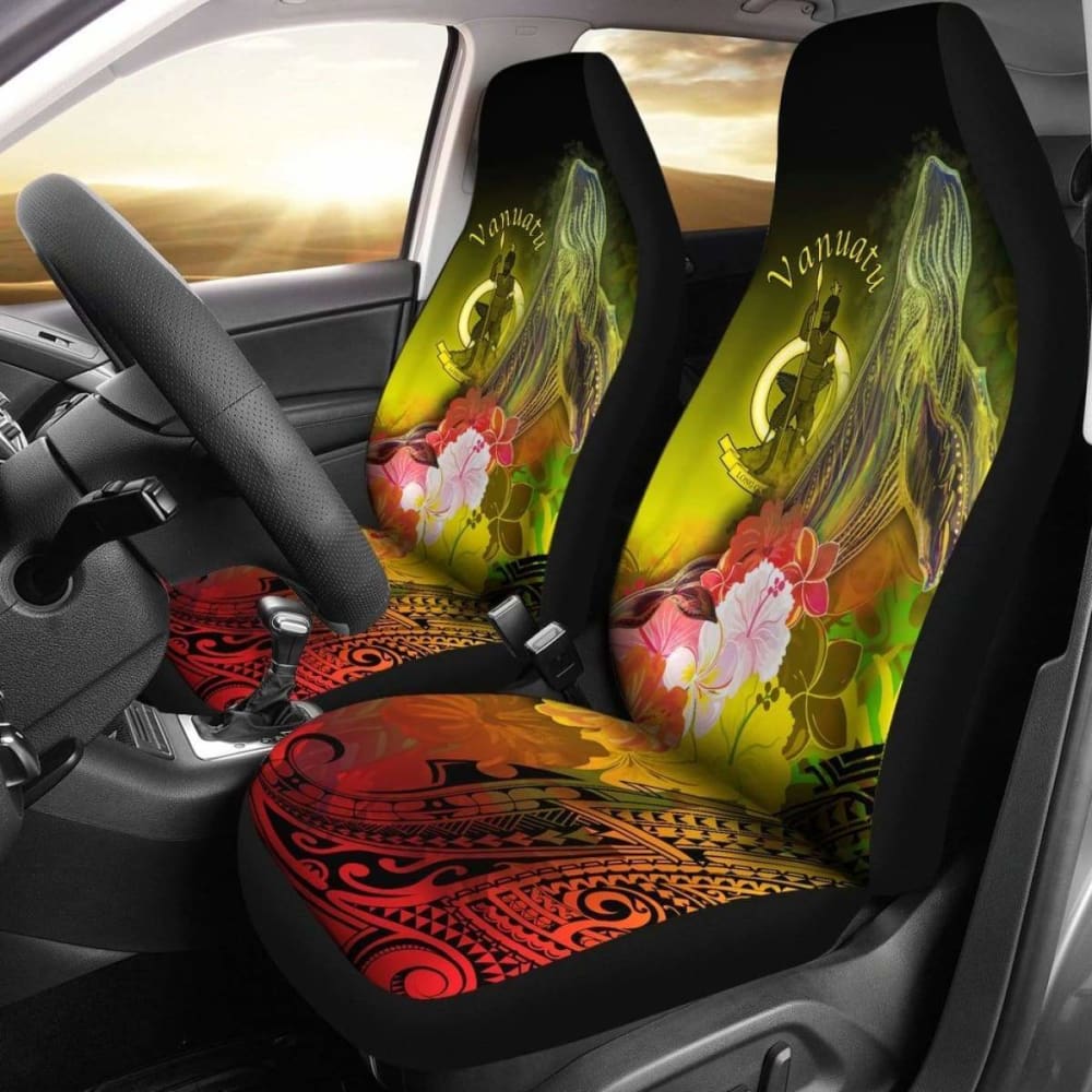 Vanuatu Car Seat Covers - Humpback Whale With Tropical Flowers (Yellow)-