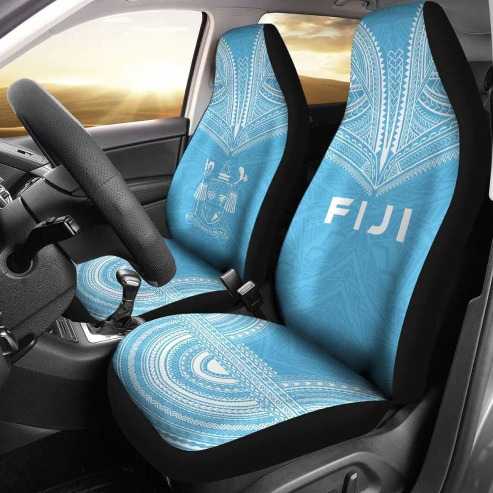 Fiji Car Seat Cover - Fiji Coat Of Arms Polynesian Chief Tattoo Light Blue Version -