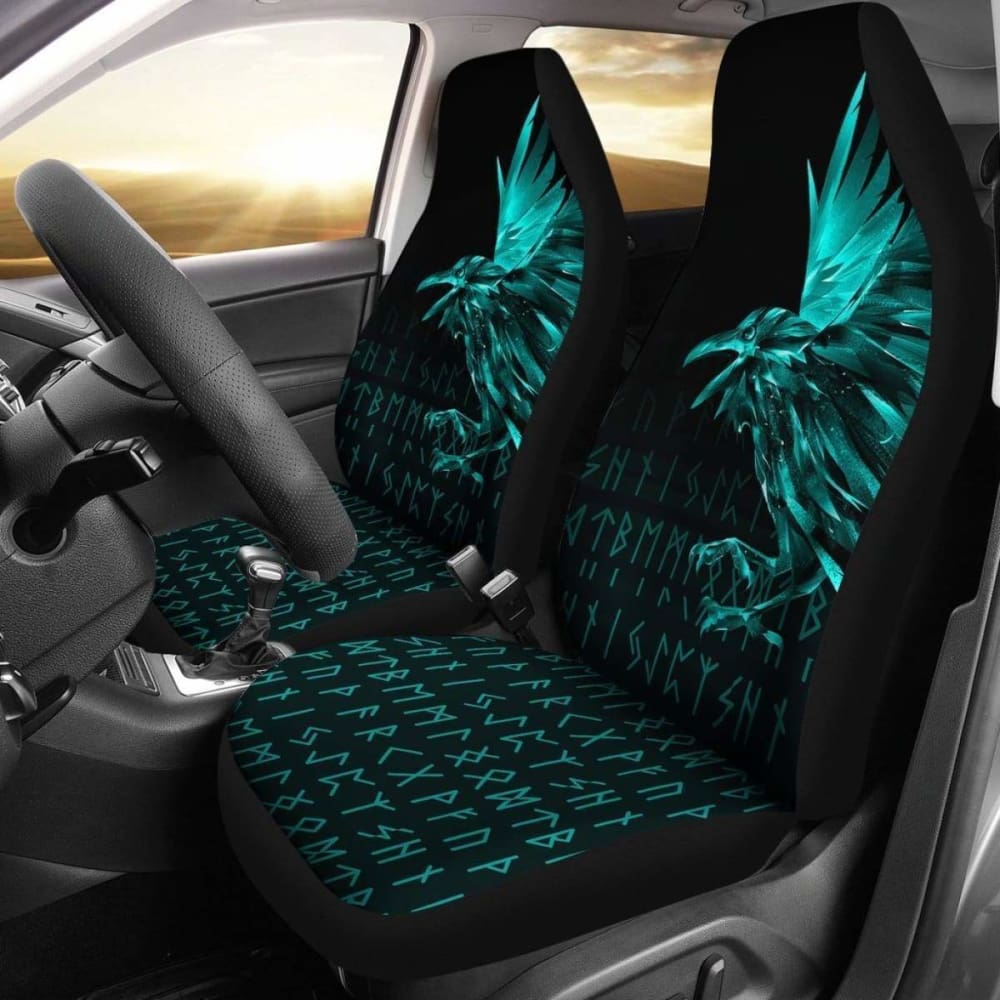 Vikings Car Seat Covers - Raven Tattoo Style Cyan