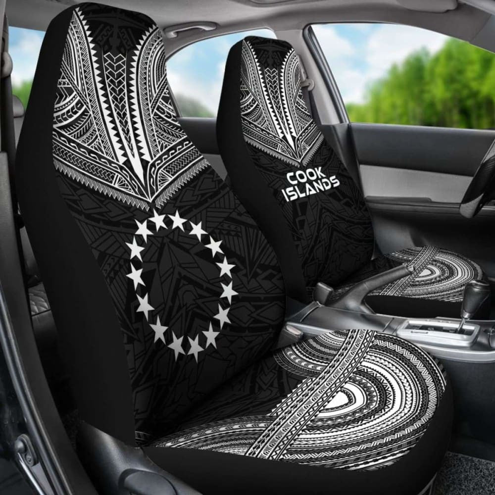 Cook Islands Car Seat Cover - Cook Islands Flag Polynesian Chief Tattoo Black Version -