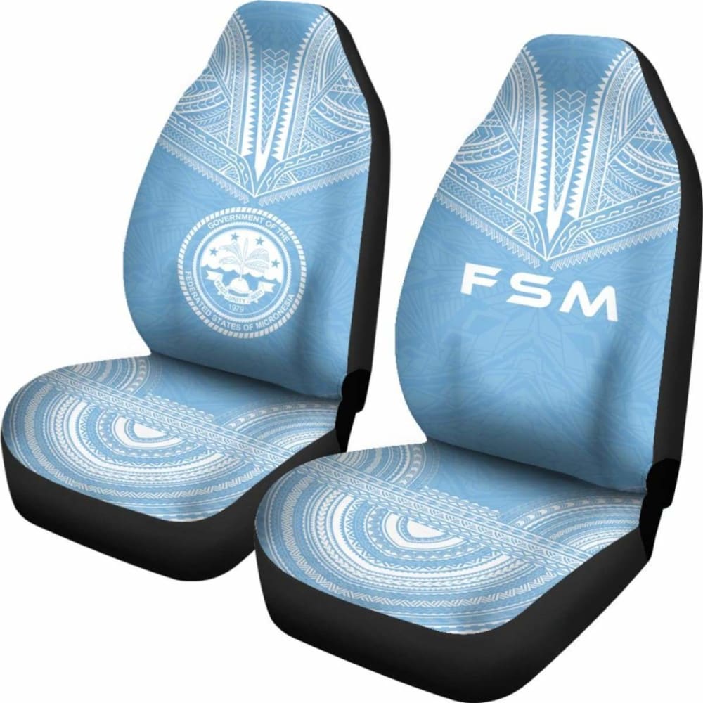 Federated States Of Micronesia Car Seat Cover - F S M Seal Polynesian Chief Tattoo Light Blue Version -